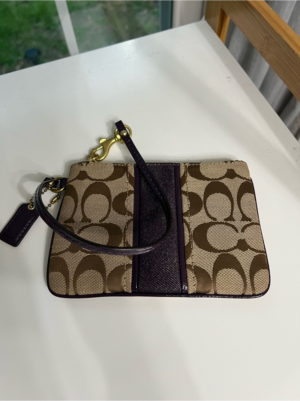 Coach Brown Signature Canvas Wristlet with Dark PLUM Trim
